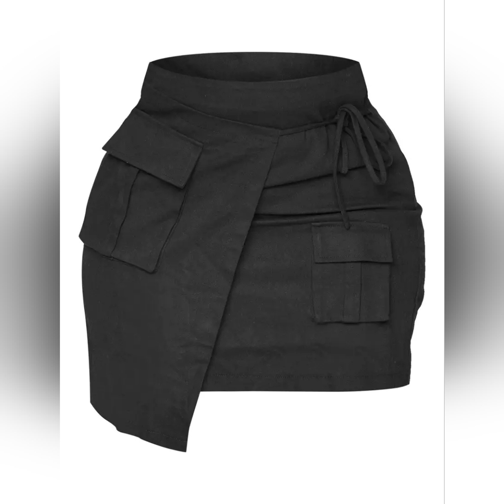 Black 100% Cotton Cargo Wrap Tie Waist Mini Skirt 22 New!
